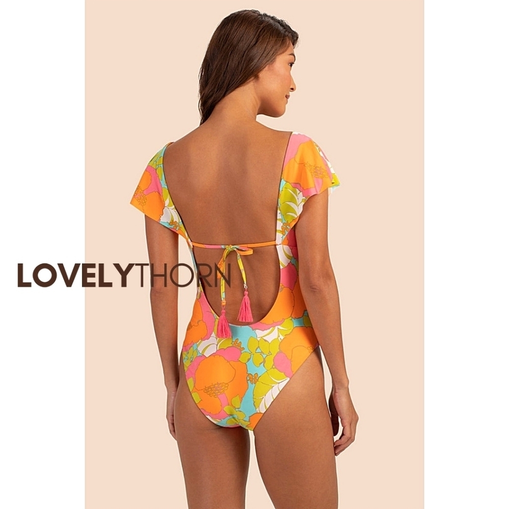 TRINA TURK // ltd ed playa de flor flutter sleeve cut-out 1 piece swim/bodysuit - Picture 9 of 12